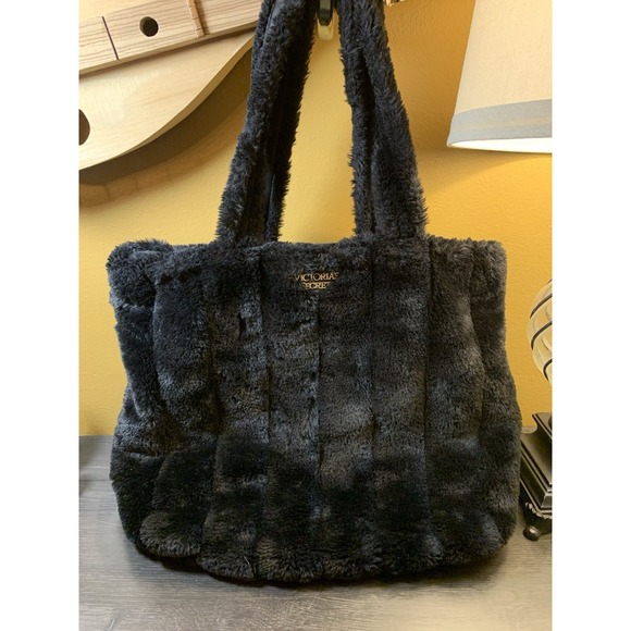 Victoria's Secret Handbags - Victoria Secret Large Black Faux Fur Fuzzy Tote Bag MSRP $58 Women's